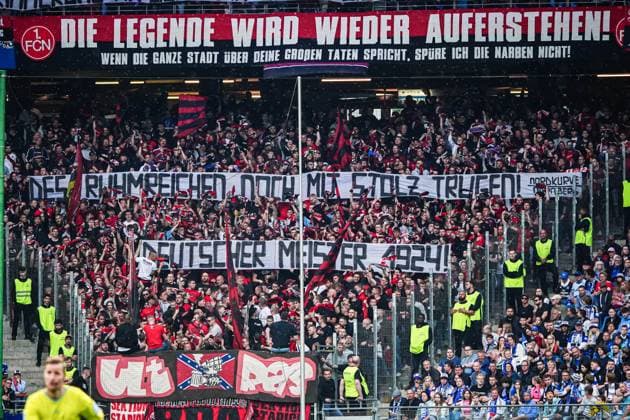 Banner Fans Ultras 1. FC Nuernberg GER, Hamburger SV vs. 1. FC Nuernberg, Fussball, 2. Bundesliga, Spieltag 34, Saison 2023 2024, 19.05.2024 DFL REGULATIONS PROHIBIT ANY USE OF PHOTOGRAPHS AS IMAGE SEQUENCES AND OR QUASI-VIDEO GER, Hamburger SV vs. 1. FC Nuernberg, Fussball, 2. Bundesliga, Spieltag 34, Saison 2023 2024, 19.05.2024 Hamburg