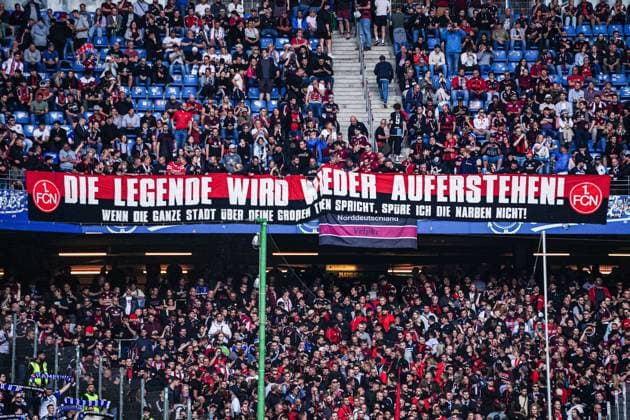Banner Fans Ultras 1. FC Nuernberg GER, Hamburger SV vs. 1. FC Nuernberg, Fussball, 2. Bundesliga, Spieltag 34, Saison 2023 2024, 19.05.2024 DFL REGULATIONS PROHIBIT ANY USE OF PHOTOGRAPHS AS IMAGE SEQUENCES AND OR QUASI-VIDEO GER, Hamburger SV vs. 1. FC Nuernberg, Fussball, 2. Bundesliga, Spieltag 34, Saison 2023 2024, 19.05.2024 Hamburg
