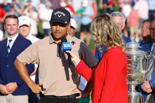 LOUISVILLE, KY - MAY 19: Xander Schauffele is interviewed by Amanda Balionis before being presented the trophy for winning the PGA, Golf Herren Championship, May 19, 2024, at Valhalla Golf Club in Louisville, Kentucky. (Photo by Matthew Maxey Icon Sportswire) GOLF: MAY 19 PGA Championship EDITORIAL USE ONLY Icon240519053