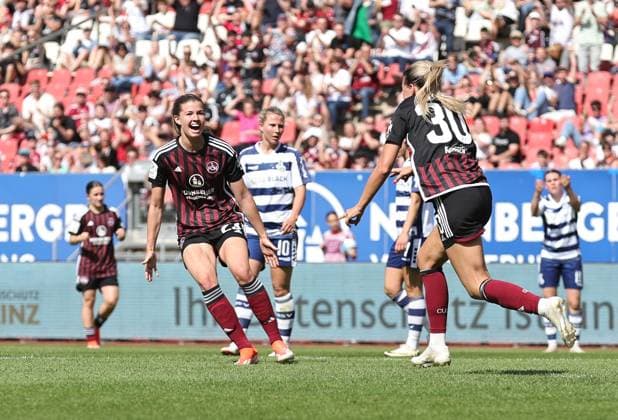 20.05.2024 - Fussball - Saison 2023 2024 - 1. Frauen - Fussball - Bundesliga - 22. Spieltag: 1. FC Nürnberg FCN ( Club ) - MSV Duisburg ( Zebras ) - Sportfoto Zink DaMa - xdaxmax - Jubel Freude Torjubel nach Tor zum 1:0 - Nele Bauereisen (23, 1. FC Nürnberg FCN ) Medina Desic (30, 1. FC Nürnberg FCN ) jubelt freut sich - Torschütze: Medina Desic (30, 1. FC Nürnberg FCN )