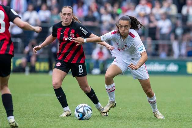 GOOGLE PIXEL Frauen-Bundesliga: 1. FC Köln - Eintracht Frankfurt, 20.05.2024 Natalia Padilla-Bidas (1. FC Köln, 22), Lisanne Gräwe (Eintracht Frankfurt, 8).GOOGLE PIXEL Frauen-Bundesliga, 1. FC Köln - Eintracht Frankfurt, 22. Spieltag, am 20.05.2024, Franz-Kremer-Stadion, Köln DFL regulations prohibit any use of photographs as image sequences and or quasi-video Copyright: xBEAUTIFULxSPORTS Meuselx