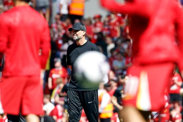 Football - 2023 2024 Premier League - Liverpool vs Wolverhampton Wanderers - Anfield - Sunday 19th May 2024 Liverpool manager Jurgen Klopp oversees the warm up before his final game in charge, at Anfield. 