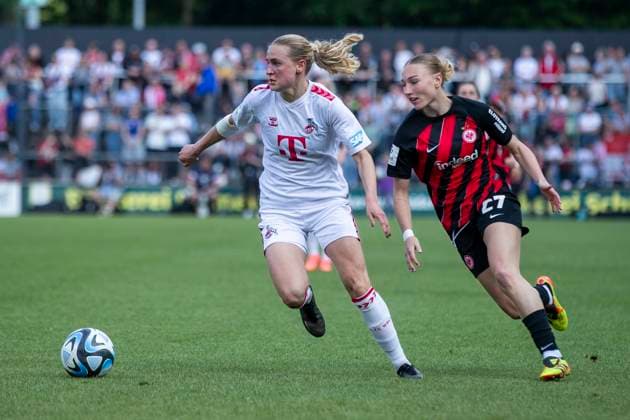 GOOGLE PIXEL Frauen-Bundesliga: 1. FC Köln - Eintracht Frankfurt, 20.05.2024 Sofie Vendelbo (1. FC Köln, 2), Sophie Nachtigall (Eintracht Frankfurt, 27). GOOGLE PIXEL Frauen-Bundesliga, 1. FC Köln - Eintracht Frankfurt, 22. Spieltag, am 20.05.2024, Franz-Kremer-Stadion, Köln DFL regulations prohibit any use of photographs as image sequences and or quasi-video Copyright: xBEAUTIFULxSPORTS Meuselx