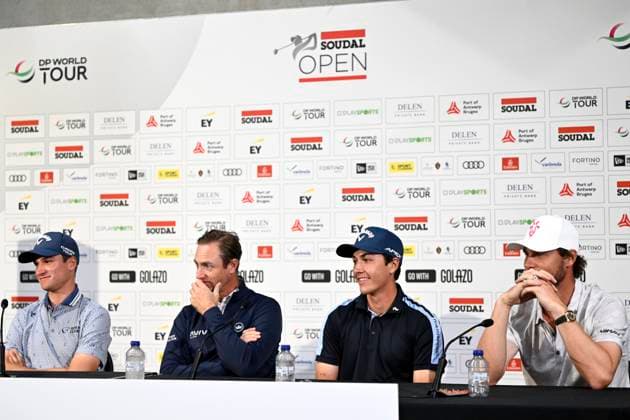 press conference, PK, Pressekonferenz Soudal Open Golf SCHILDE, BELGIUM - MAY 21 : Thomas Pieters, Nicolas Colsaerts, Adrien Dumont de Chassart and Matthis Besard pictured during a press conference prior to the DP World Tour Golf Soudal Open at the Rinkven International Golf Club on May 21, 2024 in Schilde, Belgium, 21 05 2024 Schilde Belgium  Copyright: xPeterxDexVoechtx