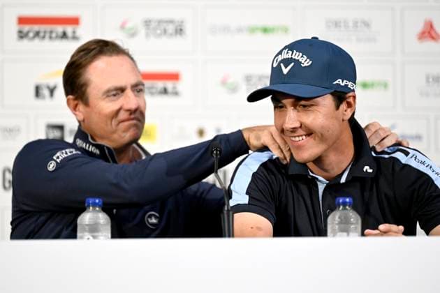 press conference, PK, Pressekonferenz Soudal Open Golf SCHILDE, BELGIUM - MAY 21 : Nicolas Colsaerts and Matthis Besard pictured during a press conference prior to the DP World Tour Golf Soudal Open at the Rinkven International Golf Club on May 21, 2024 in Schilde, Belgium, 21 05 2024 Schilde Belgium  Copyright: xPeterxDexVoechtx