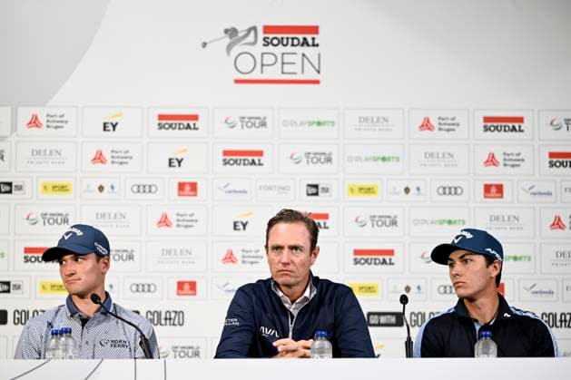 press conference, PK, Pressekonferenz Soudal Open Golf SCHILDE, BELGIUM - MAY 21 : Adrien Dumont de Chassart, Nicolas Colsaerts and Matthis Besard pictured during a press conference prior to the DP World Tour Golf Soudal Open at the Rinkven International Golf Club on May 21, 2024 in Schilde, Belgium, 21 05 2024 Schilde Belgium  Copyright: xPeterxDexVoechtx