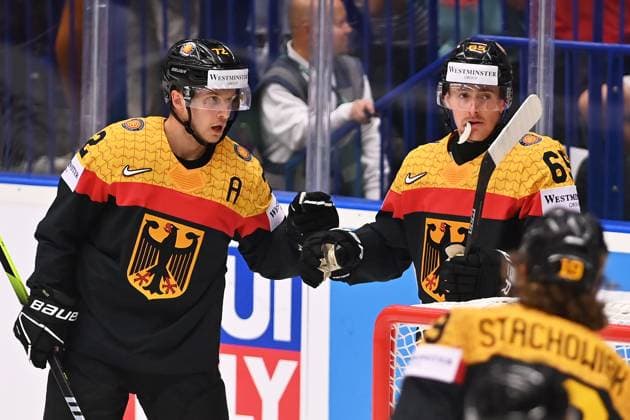 Sport Themen der Woche KW21 Sport Bilder des Tages France vs Germany group B match of the 2024 IIHF World Championship, WM, Weltmeisterschaft in Prague, Czech Republic, on May 21, 2024. L-R Dominik Kahun, scoring Marc Michaelis (both GER). (CTKxPhoto JaroslavxOzana) CTKPhotoP2024052103927  CTKPhotoP2024052103927