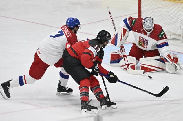 Czech Republic vs Canada group A, match of 2024 IIHF World Championship, WM, Weltmeisterschaft in Prague, Czech Republic, on May 21, 2024. From left Czech David Spacek, Brandon Tanev of Canada, Lukas Dostal goalie of Czech Republic. (CTKxPhoto VitxSimanek) CTKPhotoP2024052106031  CTKPhotoP2024052106031
