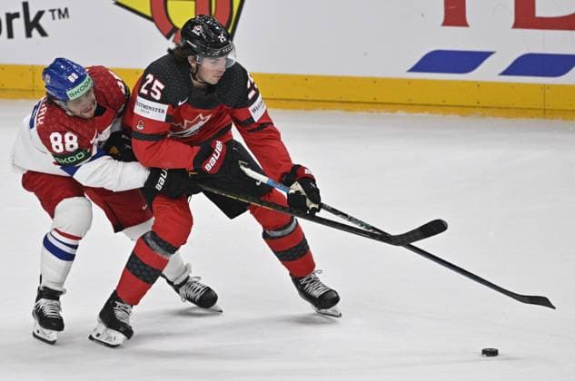 Czech Republic vs Canada group A, match of 2024 IIHF World Championship, WM, Weltmeisterschaft in Prague, Czech Republic, on May 21, 2024. From left Czech David Pastrnak, Owen Power of Canada. (CTKxPhoto VitxSimanek) CTKPhotoP2024052106155  CTKPhotoP2024052106155