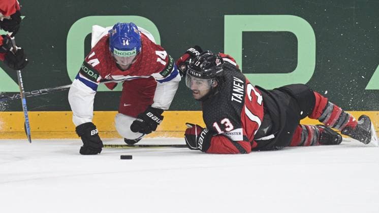 Czech Republic vs Canada group A, match of 2024 IIHF World Championship, WM, Weltmeisterschaft in Prague, Czech Republic, on May 21, 2024. From left Czech Pavel Zacha and Brandon Tanev of Canada. (CTKxPhoto MichalxKamaryt) CTKPhotoP2024052106160  CTKPhotoP2024052106160
