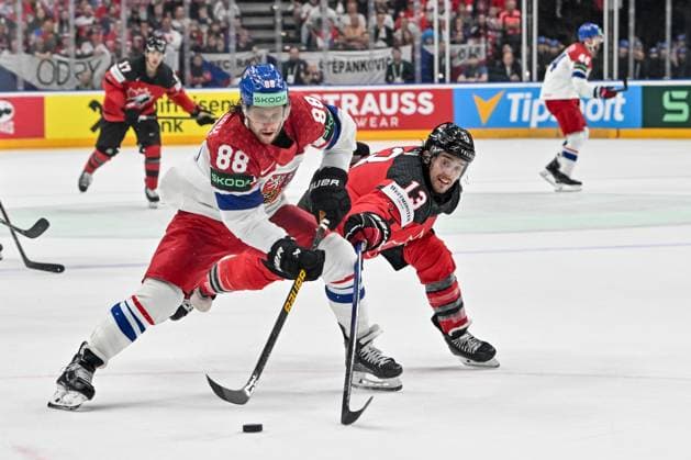 PRAGUE, CZECH REPUBLIC - MAY 21: David Pastrnak of Czechia protects the puck from Brandon Tanev of Canada during the preliminary round match between Canada and Czechia at Prague Arena on May 21, 2024 in Prague, Czech Republic. Prague Prague Arena Czech Republic Copyright: xJustPictures.ch AndreaxBrancax jp-en-EuSpIm-AB_21052024_AAB_3616