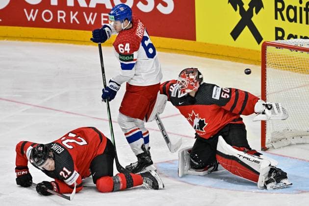 Czech Republic vs Canada group A, match of 2024 IIHF World Championship, WM, Weltmeisterschaft in Prague, Czech Republic, on May 21, 2024. From left Kaiden Guhle of Canada, Czech David Kampf, Jordan Binnington, goalie of Canada. (CTKxPhoto VitxSimanek) CTKPhotoP2024052106908  CTKPhotoP2024052106908