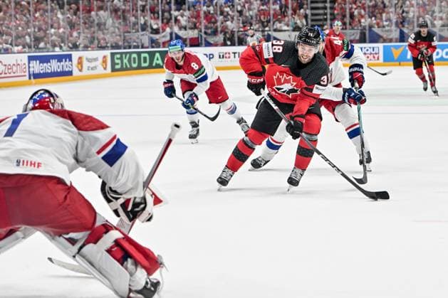 PRAGUE, CZECH REPUBLIC - MAY 21: Brandon Hagel of Canada scores against goalkeeper Lukas Dostal of Czechia during the preliminary round match between Canada and Czechia at Prague Arena on May 21, 2024 in Prague, Czech Republic. Prague Prague Arena Czech Republic Copyright: xJustPictures.ch AndreaxBrancax jp-en-EuSpIm-AB_21052024_AAB_4455