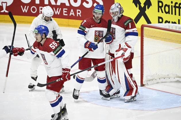 Libor Hajek (L), David Spacek (7) and goalkeeper Lukas Dostal of Czechia during the 2024 IIHF Ice hockey, Eishockey World Championships preliminary round group A match between Canada and Czechia in Prague on May 21, 2024. Prague Czechia LKKTH20240521185709FLRJ  Copyright: xEmmixKorhonenx LKKTH20240521185709FLRJ
