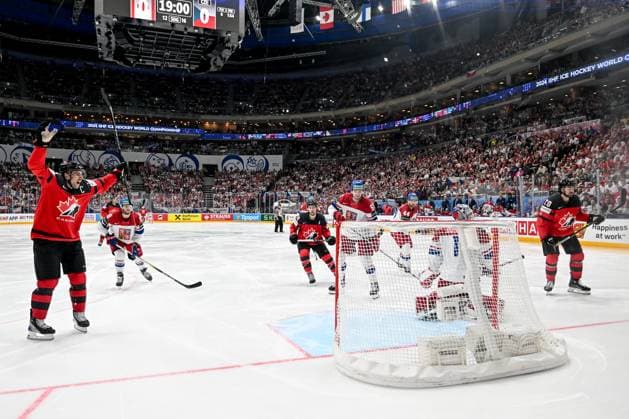 PRAGUE, CZECH REPUBLIC - MAY 21: John Tavares of Canada celebrate a goal during the preliminary round match between Canada and Czechia at Prague Arena on May 21, 2024 in Prague, Czech Republic. Prague Prague Arena Czech Republic Copyright: xJustPictures.ch AndreaxBrancax jp-en-EuSpIm-AB_21052024_DSC_1201