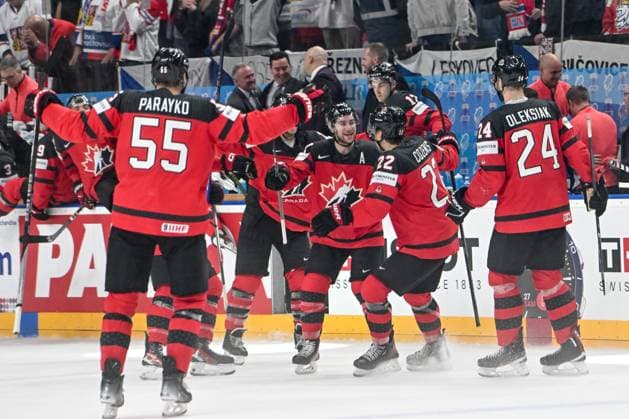 PRAGUE, CZECH REPUBLIC - MAY 21: Dylan Cozens of Canada celebrate his game winning goal during the preliminary round match between Canada and Czechia at Prague Arena on May 21, 2024 in Prague, Czech Republic. Prague Prague Arena Czech Republic Copyright: xJustPictures.ch AndreaxBrancax jp-en-EuSpIm-AB_21052024_AAB_5000