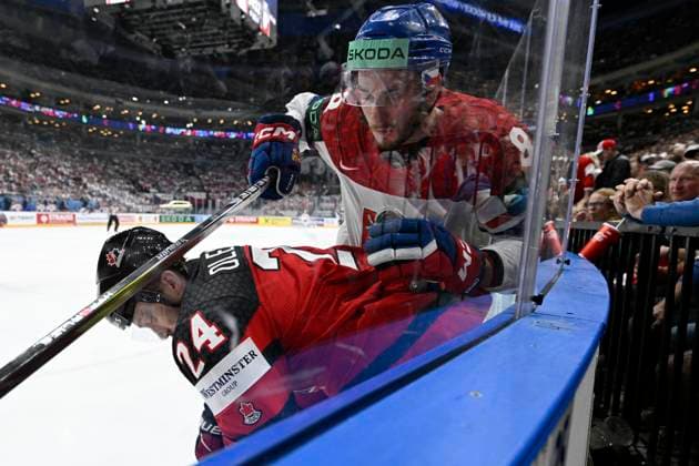 Czech Republic vs Canada group A, match of 2024 IIHF World Championship, WM, Weltmeisterschaft in Prague, Czech Republic, on May 21, 2024. From left Jamie Oleksiak of Canada and Czech Ondrej Beranek. (CTKxPhoto MichalxKamaryt) CTKPhotoP2024052108009  CTKPhotoP2024052108009