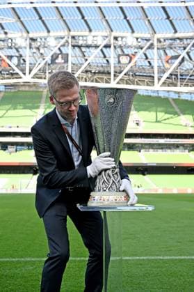 21.05.2024, xjrdrx, Fussball UEFA Europa League Finale 2024, Bayer 04 Leverkusen - Pressekonferenz Training emspor, v.l. Der Pokal Europapokal Euro League Symbolbild (DFL DFB REGULATIONS PROHIBIT ANY USE OF PHOTOGRAPHS as IMAGE SEQUENCES and or QUASI-VIDEO) Dublin