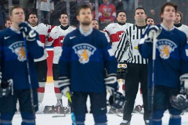 PRAGUE, CZECH REPUBLIC - MAY 21: Nino Niederreiter of Switzerland, Dean Kukan of Switzerland, Calvin Thurkauf of Switzerland during the Swiss Anthem after the preliminary round match between Canada and Czechia at Prague Arena on May 21, 2024 in Prague, Czech Republic. Prague Prague Arena Czech Republic Copyright: xJustPictures.ch JarixPestelaccix jp-en-EuSpIm-JP4_JAR_Finland_Switzerland_21May_2024138
