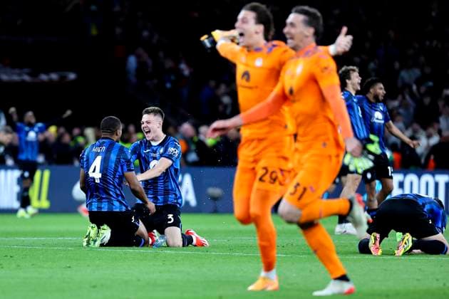 Atalanta players celebrate the victory at the end of the 2023 2024 Europa League Final football match between Atalanta BC and Bayer Leverkusen at Dublin Arena stadium in Dublin (Republic of Ireland), May 22nd, 2024. cesarexpurini