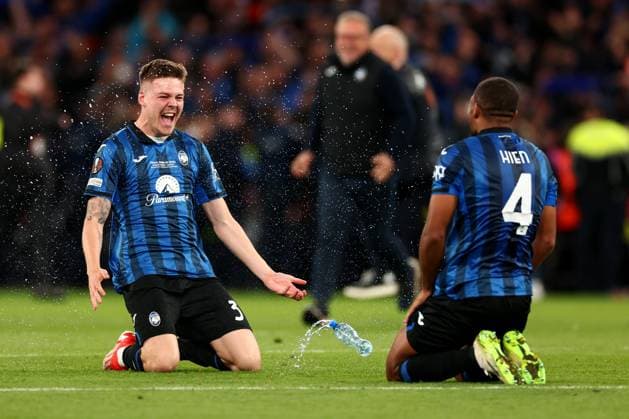 22nd May 2024, Dublin Arena, Dublin, Ireland; Europa League Football Final; Atalanta versus Bayer Leverkusen; Emil Holm of Atalanta celebrates with Isak Hien after they win the Europa League final  ActionPlus12645845 ShaunxBrooks