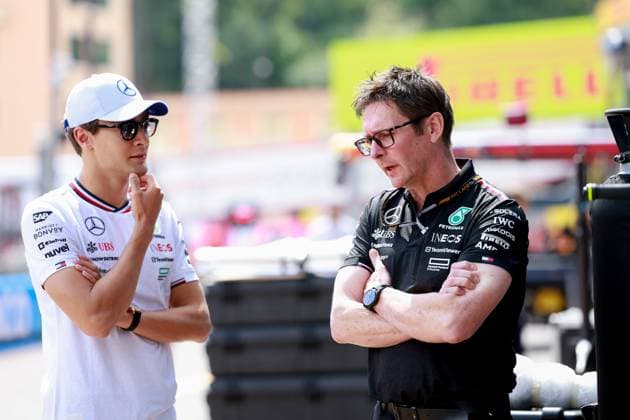 63 George Russell (GBR, Mercedes-AMG Petronas F1 Team), Andrew Shovlin (GBR, Mercedes-AMG Petronas F1 Team), F1 Grand Prix of Monaco at Circuit de Monaco on May 23, 2024 in Monte-Carlo, Monaco. (Photo by HOCH ZWEI) Monte-Carlo Monaco