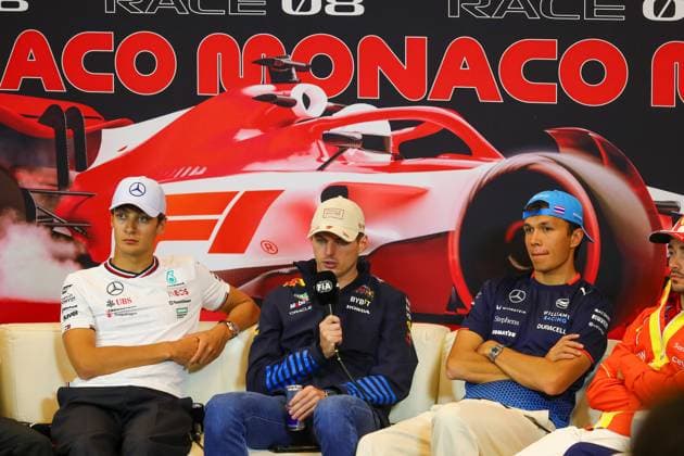 May 23, 2024, Monte Carlo, Monaco, Monaco: George Russell (GBR) - Mercedes-AMG PETRONAS F1 Team - Mercedes W15 - Mercedes E Performance Max Verstappen (NED) - Oracle Red Bull Racing - Red Bull RB20 - Honda RBP .Alexander Albon (THA) - Williams Racing - Williams FW46 - Mercedes....during press conference, PK, Pressekonferenz of Formula 1 Grand Prix de Monaco 2024 at Monte Carlo (MC), may 23-26 2024 Monte Carlo Monaco - ZUMAm217 20240523_zsp_m217_102 Copyright: xAlessioxDexMarcox