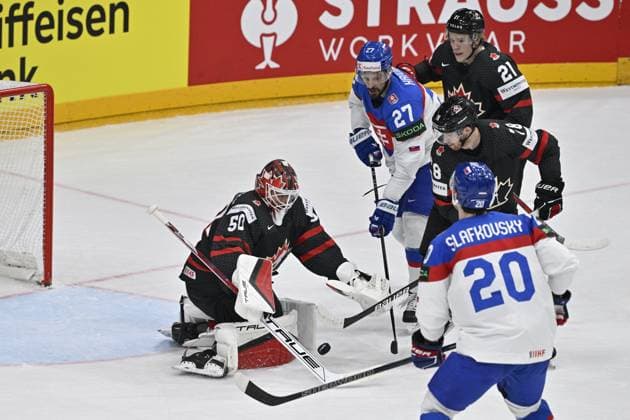 Canada vs Slovakia quarter-final match of the 2024 IIHF World Championship, WM, Weltmeisterschaft in Prague, Czech Republic, on May 23, 2024. L-R goalkeeper Jordan Binnington (CAN), Marek Hrivik (SVK), Kaiden Guhle (CAN), Damon Severson (CAN), Juraj Slafkovsky (SVK). (CTKxPhoto VitxSimanek) CTKPhotoP2024052306628  CTKPhotoP2024052306628