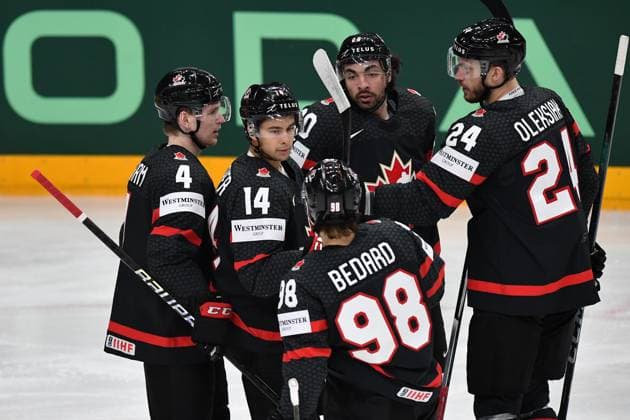 May 23, 2024, Prague, Czech Republic: Players of Canada celebrate after scoring during the 2024 IIHF Ice hockey, Eishockey World Championship, WM, Weltmeisterschaft quarter-final match between Canada v Slovakia at the O2 arena in Prague, Czech Republic, May 23, 2024. Prague Czech Republic - ZUMAr156 20240523_aap_r156_001 Copyright: xSlavekxRutax