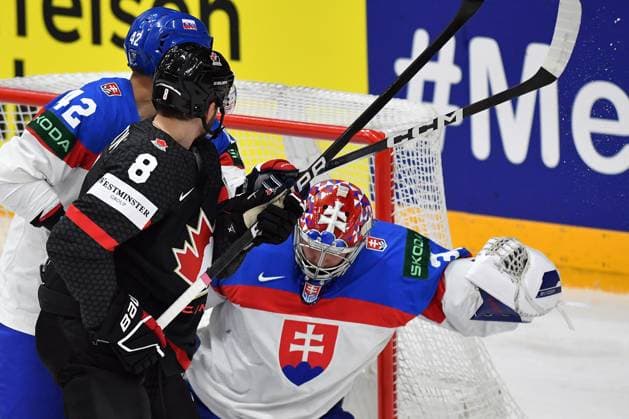 May 23, 2024, Prague, Czech Republic: MICHAEL BUNTING (8) of Canada in action with goalkeeper SAMUEL HLAVAJ of Slovakia during the 2024 IIHF Ice hockey, Eishockey World Championship, WM, Weltmeisterschaft quarter-final match between Canada v Slovakia at the O2 arena in Prague, Czech Republic, May 23, 2024. Prague Czech Republic - ZUMAr156 20240523_aap_r156_002 Copyright: xSlavekxRutax