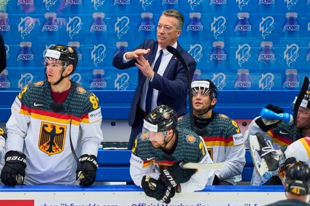 Harold Kreis DEB National coach of Germany, headcoach, team manager, Bundestrainer, Leonard Leo Pföderl Nr. 83 of Germany Frederik Tiffels Nr.95 of Germany in the quarterfinal match GERMANY - SWITZERLAND 1-3 of the IIHF Ice hockey, Eishockey World Championship, WM, Weltmeisterschaft in Ostrava, Czechia, May 23, 2024, Season 2023 2024