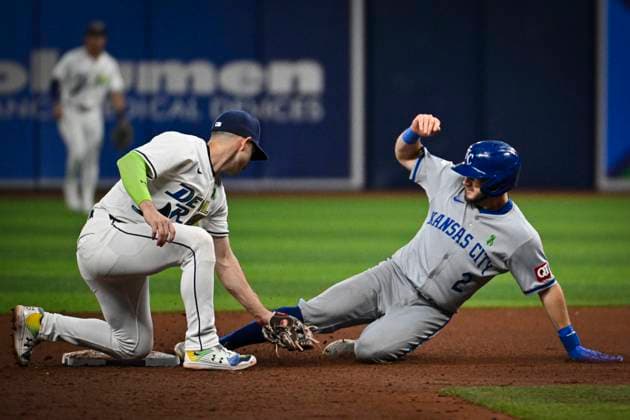 MLB, Baseball Herren, USA Boston Kansas City Royals At Tampa Bay Rays Garrett Hampson, Kansas City Royals outfielder, is sliding to second base during the game against the Tampa Bay Rays at Tropicana Field in St. Petersburg, Florida, on May 24, 2024. St Petersburg Florida United States  Copyright: xMiguelxRodriguezx originalFilename:rodriguezcarrilo-mlbkansa240524_npLcm.jpg