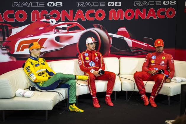 PIASTRI Oscar (aus), McLaren F1 Team MCL38, LECLERC Charles (mco), Scuderia Ferrari SF-24 and SAINZ Carlos (spa), Scuderia Ferrari SF-24, portrait, press conference, PK, Pressekonferenz during the Formula 1 Grand Prix de Monaco 2024, 8th round of the 2024 Formula One World Championship, WM, Weltmeisterschaft from May 23 to 26, 2024 on the Circuit de Monaco, in Monaco - F1 - MONACO GRAND PRIX 2024 DPPI Panoramic 240525_R08_MONACO_DP_DSC08953
