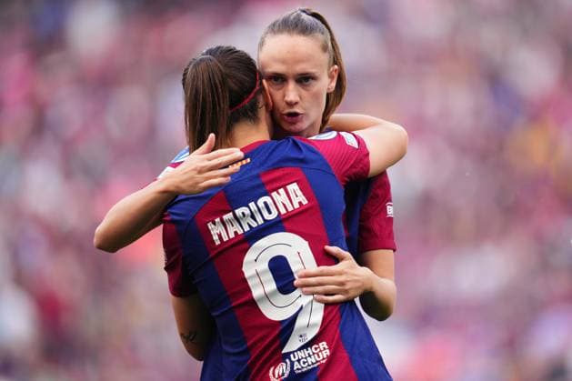 ESP: FC Barcelona, Barca v Olympique Lyonnais. UEFA Women™s Champions League. Final Caroline Graham Hansen and Mariona Caldentey of FC Barcelona during the UEFA Women™s Champions League Final match between FC Barcelona and Olympique Lyonnais played at San Mames Stadium on May 25, 2024 in Bilbao Spain. kpng Copyright: xBaguxBlancox xPRESSINPHOTOx PS_240525_002