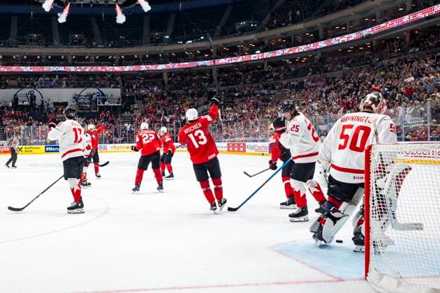PRAGUE, CZECH REPUBLIC - MAY 25: Swiss squad celebrates their second goal during the 2024 IIHF Ice hockey, Eishockey World Championship, WM, Weltmeisterschaft Czechia Semifinal match between Canada and Switzerland at Prague Arena on May 25, 2024 in Prague, Czech Republic. Prague Prague Arena Czech Republic Copyright: xJustPictures.ch JarixPestelaccix jp-en-EuSpIm-JP4_JAR_Canada_Switzerland_25May_2024084
