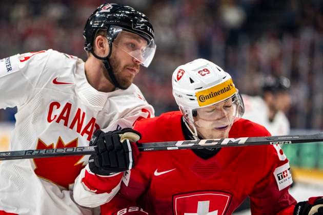 PRAGUE, CZECH REPUBLIC - MAY 25: Fabrice Herzog of Switzerland (R) against Jamie Oleksiak of Canada (L) during the 2024 IIHF Ice hockey, Eishockey World Championship, WM, Weltmeisterschaft Czechia Semifinal match between Canada and Switzerland at Prague Arena on May 25, 2024 in Prague, Czech Republic. Prague Prague Arena Czech Republic Copyright: xJustPictures.ch JarixPestelaccix jp-en-EuSpIm-JP4_JAR_Canada_Switzerland_25May_2024053