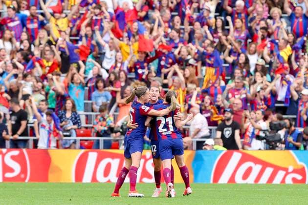 the FC Barcelona, Barca players celebrate after the 1-0 goal by Aitana Bonmati (FC Barcelona), UEFA Women s Champions League 2023 2024 - Final, FC Barcelona vs Olympique Lyonnais, Estadio de San Mames, May 25, 2024, Bilbao, Spain.