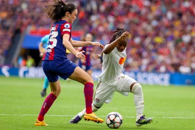Ingrid Syrstad Engen FC Barcelona, Barca und Melchie Dumornay (Olympique Lyonnais) battle for the ball, UEFA Women s Champions League 2023 2024 - Final, FC Barcelona vs Olympique Lyonnais, Estadio de San Mames, May 25, 2024, Bilbao, Spain.