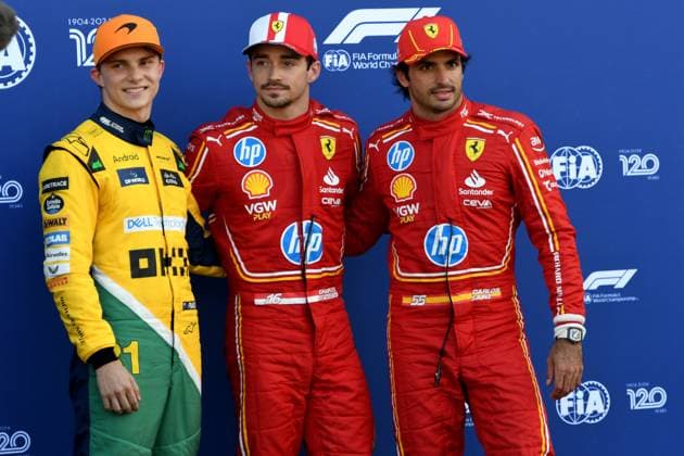 25.05.2024, xrarjax, Motorsport FIA Formel 1, Großer Preis von Monaco 2024 emspor, v.l. Qualifying Qualifikation die ersten drei in Startaufstellung Platz 2 Oscar Piastri (McLaren) Startnummer 81 Poleposition Pole Platz 1 Charles Leclerc (Ferrari) Startnummer 16 Platz 3 Carlos Sainz (Ferrari) Startnummer 55 Monte Carlo
