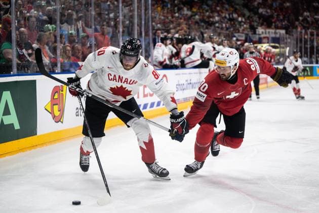 240525 Pierre-Luc Dubois of Canada and Roman Josi of Switzerland during the 2024 IIHF Ice hockey, Eishockey World Championship, WM, Weltmeisterschaft semifinal game between Canada and Switzerland on May 25, 2024 in Prague. Photo: Maxim ThorÃ BILDBYRAN kod MT MT0602 ishockey ice hockey ishockey-vm canada switzerland 2024 iihf ice hockey world championship bbeng schweiz kanada semifinal Copyright: MAXIMxTHORE BB240525MT208