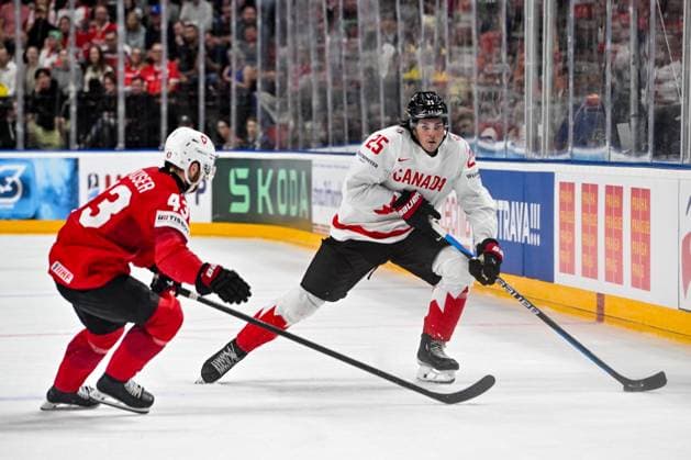 PRAGUE, CZECH REPUBLIC - MAY 25: Owen Power of Canada in action against Andrea Glauser of Switzerland during the 2024 IIHF Ice hockey, Eishockey World Championship, WM, Weltmeisterschaft Czechia Semifinal match between Canada and Switzerland at Prague Arena on May 25, 2024 in Prague, Czech Republic. Prague Prague Arena Czech Republic Copyright: xJustPictures.ch AndreaxBrancax jp-en-EuSpIm-AB_25052024_AAB_5123