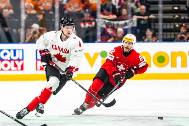 PRAGUE, CZECH REPUBLIC - MAY 25: Bowen Byram of Canada (L) against Christoph Bertschy of Switzerland (R) during the 2024 IIHF Ice hockey, Eishockey World Championship, WM, Weltmeisterschaft Czechia Semifinal match between Canada and Switzerland at Prague Arena on May 25, 2024 in Prague, Czech Republic. Prague Prague Arena Czech Republic Copyright: xJustPictures.ch JarixPestelaccix jp-en-EuSpIm-JP4_JAR_Canada_Switzerland_25May_2024136