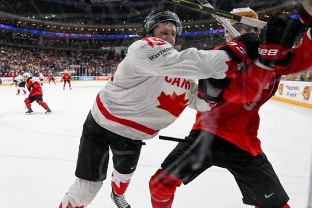 PRAGUE, CZECH REPUBLIC - MAY 25: Jared Mccann of Canada checks Jonas Siegenthaler of Switzerland during the 2024 IIHF Ice hockey, Eishockey World Championship, WM, Weltmeisterschaft Czechia Semifinal match between Canada and Switzerland at Prague Arena on May 25, 2024 in Prague, Czech Republic. Prague Prague Arena Czech Republic Copyright: xJustPictures.ch AndreaxBrancax jp-en-EuSpIm-AB_25052024_DSC_6567