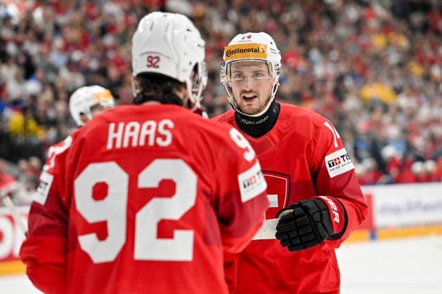 PRAGUE, CZECH REPUBLIC - MAY 25: Dean Kukan of Switzerland talks with Gaetan Haas of Switzerland during the 2024 IIHF Ice hockey, Eishockey World Championship, WM, Weltmeisterschaft Czechia Semifinal match between Canada and Switzerland at Prague Arena on May 25, 2024 in Prague, Czech Republic. Prague Prague Arena Czech Republic Copyright: xJustPictures.ch AndreaxBrancax jp-en-EuSpIm-AB_25052024_AAB_4913