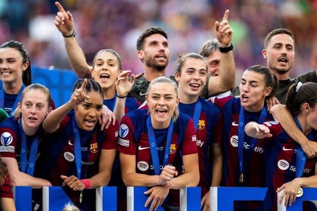 240525 Fridolina Rolfö of Barcelona celebrates after the UEFA Women s Champions League final between Barcelona and Lyon on May 25, 2024 in Bilbao. Photo: Ludvig Thunman BILDBYRAN kod LT LT0620 fotboll football soccer fotball champions league barcelona lyon dam bbeng final champions league final final 2024 jubel Copyright: LUDVIGxTHUNMAN BB240525LT109