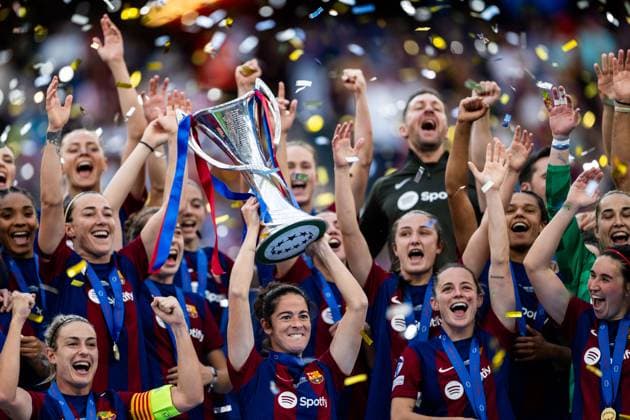 240525 Players of Barcelona celebrate after the UEFA Women s Champions League final between Barcelona and Lyon on May 25, 2024 in Bilbao. Photo: Ludvig Thunman BILDBYRAN kod LT LT0620 fotboll football soccer fotball champions league barcelona lyon dam bbeng final champions league final final 2024 jubel Copyright: LUDVIGxTHUNMAN BB240525LT112