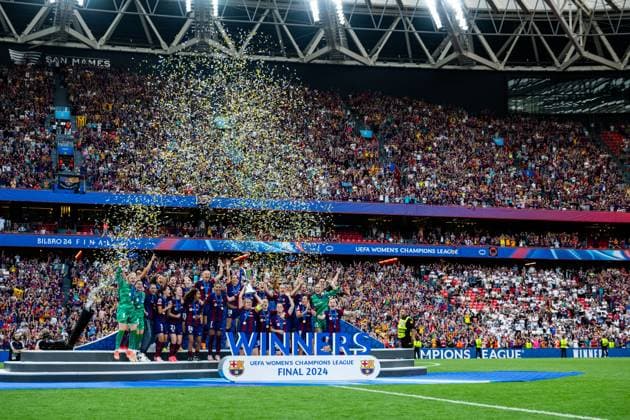 240525 Players of Barcelona celebrate after the UEFA Women s Champions League final between Barcelona and Lyon on May 25, 2024 in Bilbao. Photo: Ludvig Thunman BILDBYRAN kod LT LT0620 fotboll football soccer fotball champions league barcelona lyon dam bbeng final champions league final final 2024 jubel Copyright: LUDVIGxTHUNMAN BB240525LT119