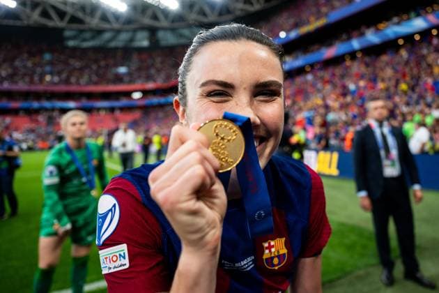 240525 Ingrid Syrstad Engen of Barcelona celebrates after the UEFA Women s Champions League final between Barcelona and Lyon on May 25, 2024 in Bilbao. Photo: Ludvig Thunman BILDBYRAN kod LT LT0620 fotboll football soccer fotball champions league barcelona lyon dam bbeng final champions league final final 2024 jubel Copyright: LUDVIGxTHUNMAN BB240525LT122