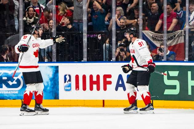 PRAGUE, CZECH REPUBLIC - MAY 25: John Tavares of Canada (R) celebrates his goal during the 2024 IIHF Ice hockey, Eishockey World Championship, WM, Weltmeisterschaft Czechia Semifinal match between Canada and Switzerland at Prague Arena on May 25, 2024 in Prague, Czech Republic. Prague Prague Arena Czech Republic Copyright: xJustPictures.ch JarixPestelaccix jp-en-EuSpIm-JP4_JAR_Canada_Switzerland_25May_2024257
