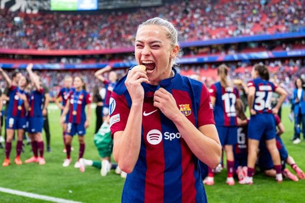 240525 Fridolina Rolfö of Barcelona celebrates after the UEFA Women s Champions League final between Barcelona and Lyon on May 25, 2024 in Bilbao. Photo: Ludvig Thunman BILDBYRAN kod LT LT0620 fotboll football soccer fotball champions league barcelona lyon dam bbeng final champions league final final 2024 jubel Copyright: LUDVIGxTHUNMAN BB240525LT137